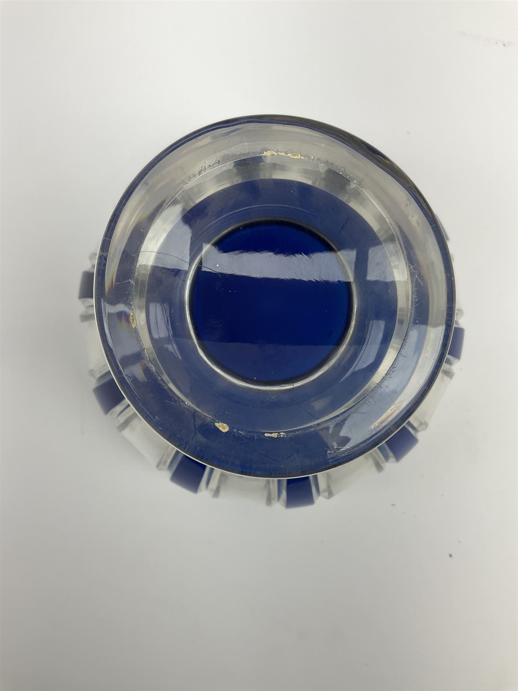 Mid 20th century Val Saint Lambert style pedestal bowl, the clear cut glass with blue overlay panelled decoration, raised upon spreading circular foot, H15cm D18cm