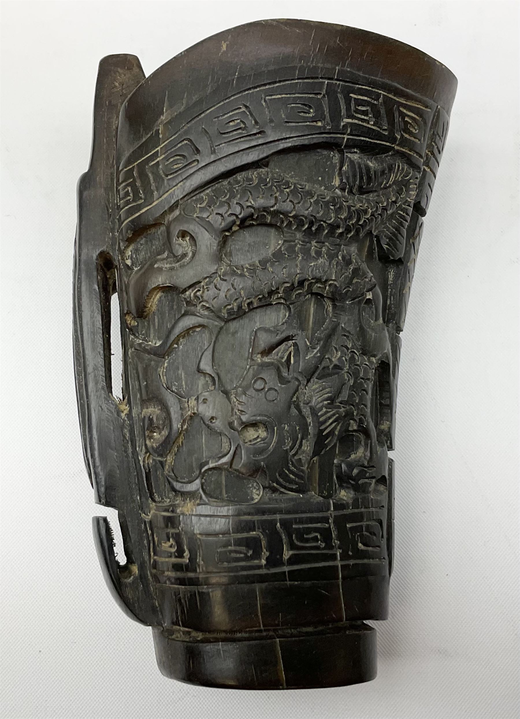 Chinese horn blood collection cup, carved with dragons and key fret border, H9.5cm