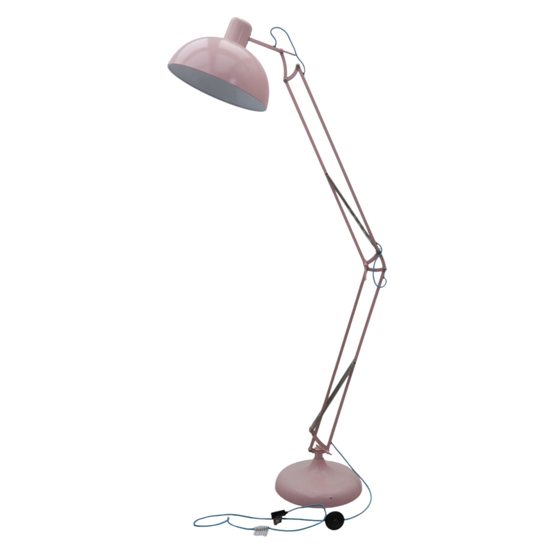 Contemporary pink floor lamp, in the manner of Anglepoise, counter balance sprung arm, blue cord with a weighted base 