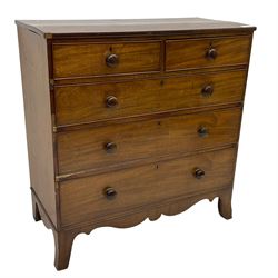 19th century mahogany straight-front chest, fitted with two short over three long cock-beaded graduating drawers, on splayed feet