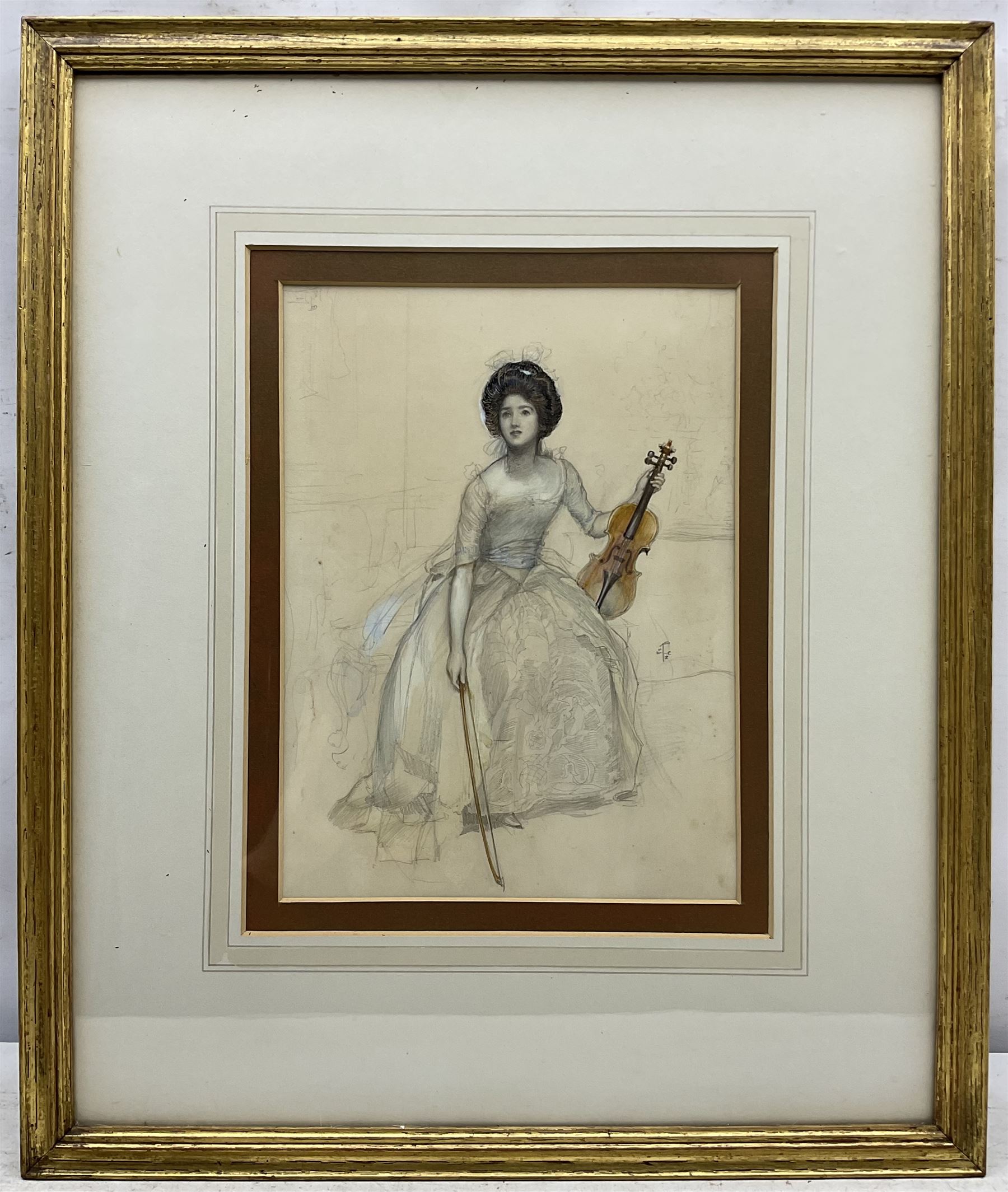 Joseph Walter West (British 1860-1933): Lady with Violin, watercolour and pencil signed with monogram 29cm x 22cm