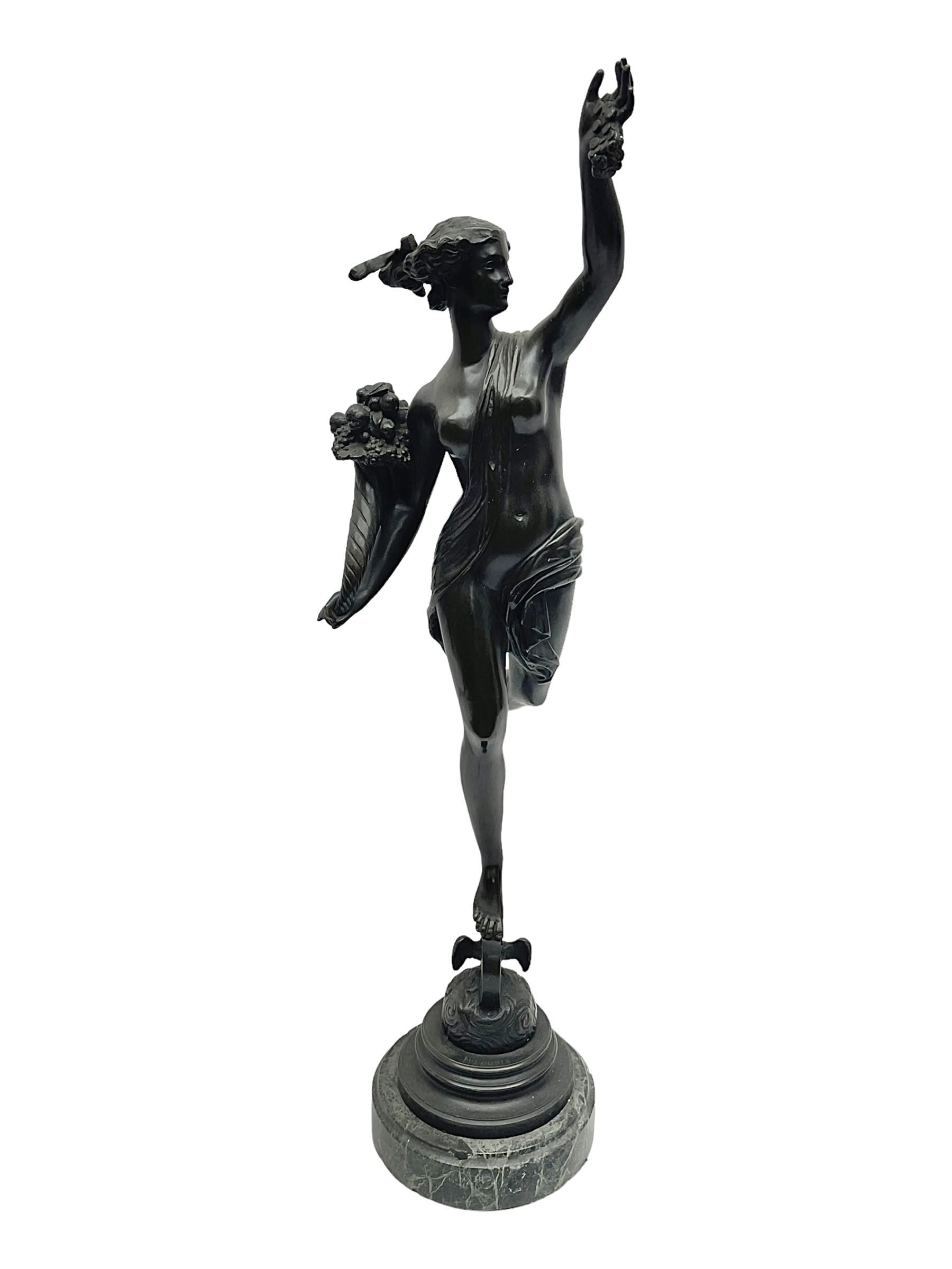 After Louis Guillaume Fulconis, a bronzed figure of Fortuna with cornucopia in her right hand and standing on a wheel on green serpentine base, height 60cm
