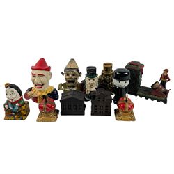 Collection of cast iron money boxes including Artillery Bank, Humpty Dumpty, Transvaal, Ci...