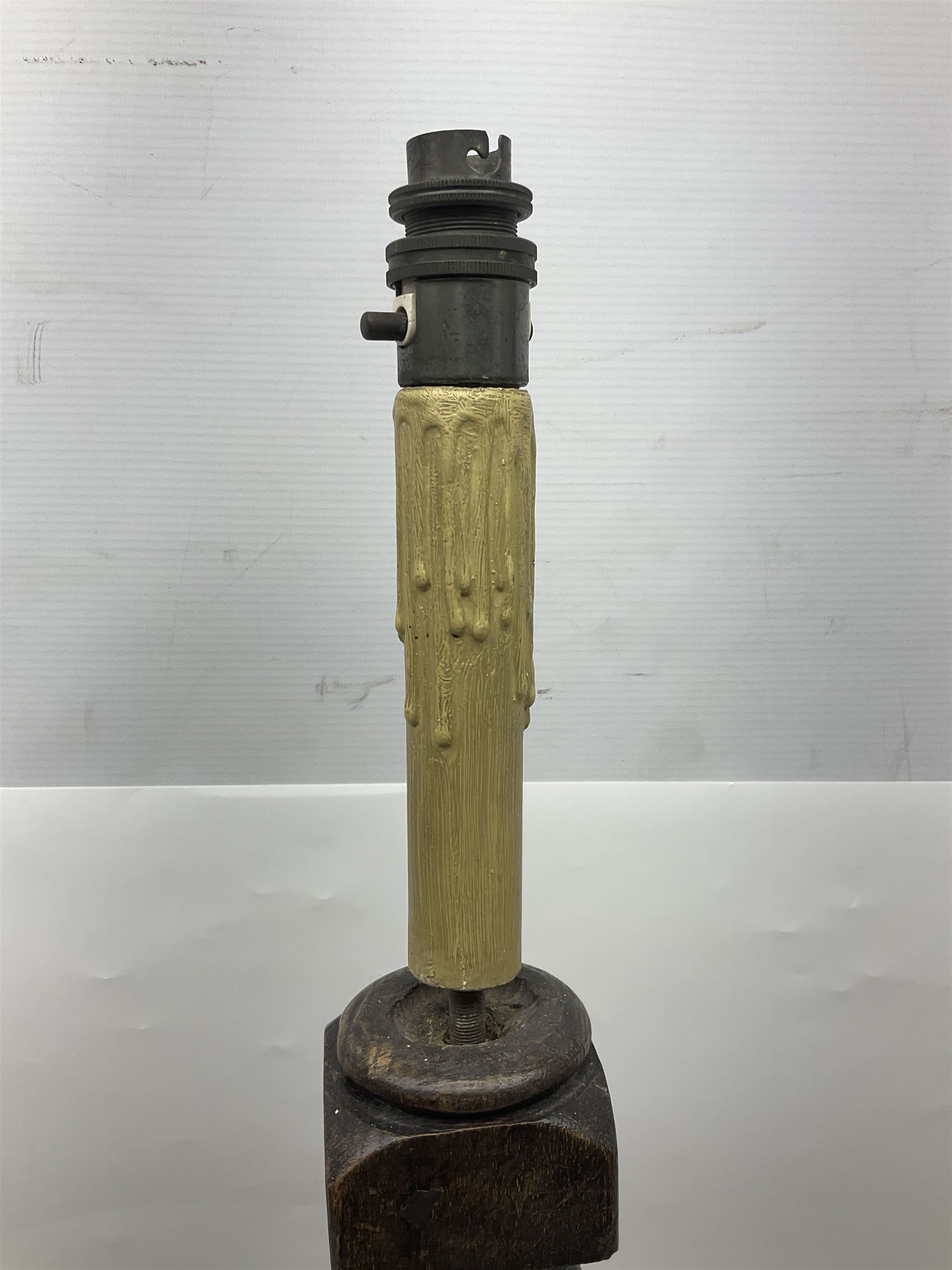 19th century oak barley twist table lamp, together with three other table lamps, including off white painted foliate example, tallest H86cm