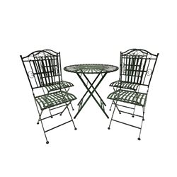 Wrought metal slatted round folding garden table and four chairs in green finish - THIS LOT IS TO BE COLLECTED BY APPOINTMENT FROM DUGGLEBY STORAGE, GREAT HILL, EASTFIELD, SCARBOROUGH, YO11 3TX