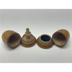 Six sewing related Mauchline ware comprising an oval reel box with internal label for Clark & Co's, tape measure, pin case and three thimble holders of ovoid form 