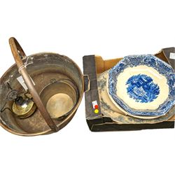 Large brass jam pan, smaller example, Duo Burn burner and three blue and white ceramic bowls/platters, largest pan D38cm