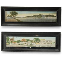 Workshop of Du Jinsheng (Chinese 1897-1943): 'Panorama of Inner West Lake Hangzhou', early 20th century woven silk panel, together with another similar 'Panoramic View of Kunming Lake - Summer Palace', by the Chi Won Lit Weaving Company, Shanghai, housed in matching ebonised frames 24cm x 120cm (2)
