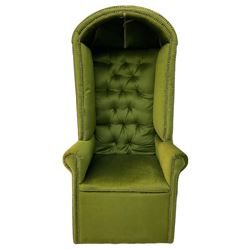 Edwardian style upholstered hall porters chair, arch top, buttoned back