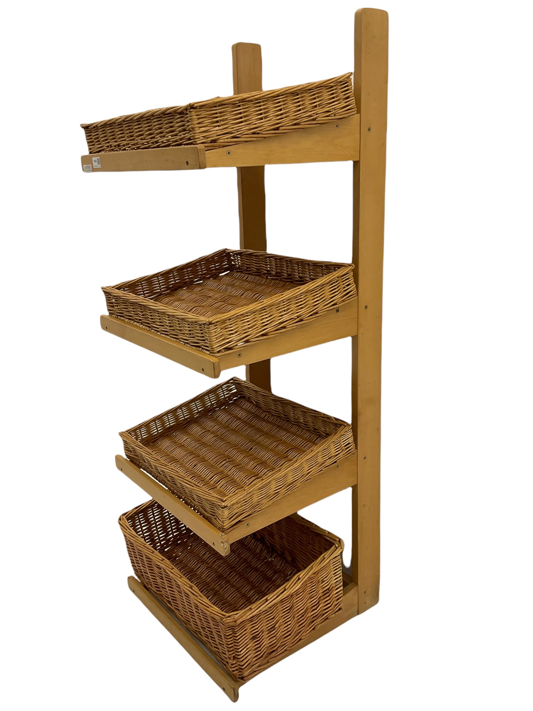 Gadsby beech four tier shop display stand, with wicker baskets
