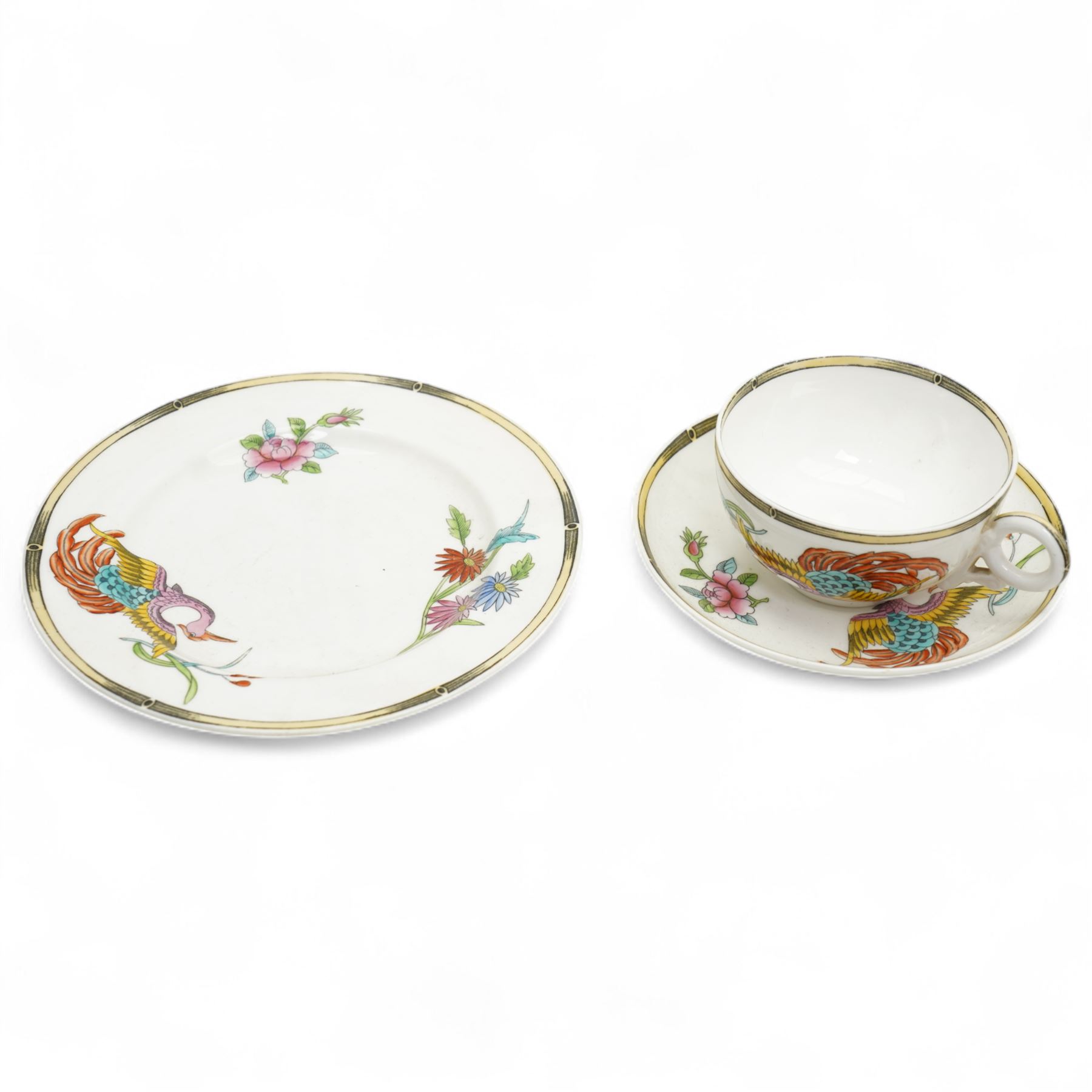 Late Victorian Royal Worcester trio of cup, saucer and plate decorated in dark blue and gilt, retailed by Henry Greene & Sons, London Bridge, two other Worcester trios and three other Worcester items