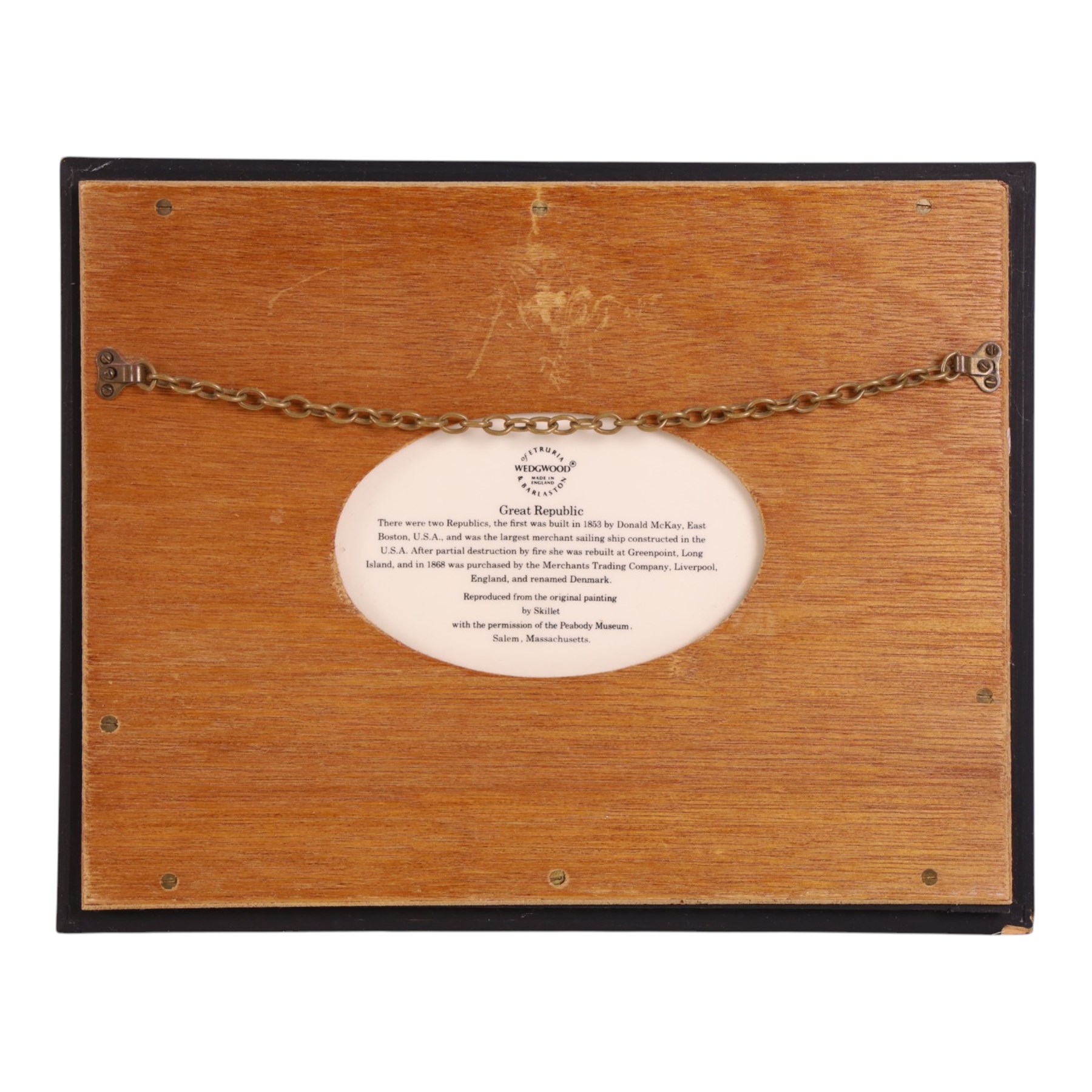 Set of Six Wedgwood plaques, each decorated with a clipper ship, inscribed to the reverse, in maple frames, 25cmx31cm