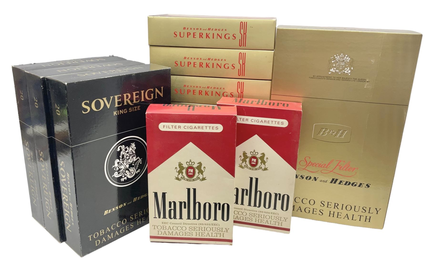 Thirteen oversized promotional shop display cigarette boxes, advertising various brands comprising Malboro, Benson and Hedges Superkings, Sovereign and Special Filter, tallest H48cm