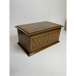19th Century mahogany and parquetry box of rectangular form, geometric cube design, with a stylised sun detail to the hinged cover, opening to reveal three compartments, L33cm D21cm H16cm
