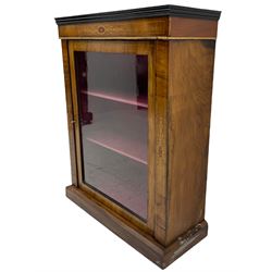 Victorian walnut pier display cabinet, the top with applied ebonised mouldings over inlaid frieze and uprights, lined interior enclosed by single glazed door, plinth base