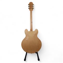 Epiphone by Gibson Sheraton semi-hollow electric guitar, serial no. S98081744 made in Korea c.1998, with natural blonde body, maple neck, fretboard with abalone and mother of pearl split block markers, with inlaid mother of pearl tree of life design and Epiphone logo to headstock, L109cm
