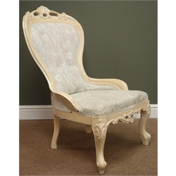  Victorian style limed oak nursing chair, carved cresting rail, upholstered back and seat, acanthus carved cabriole supports, W58cm  