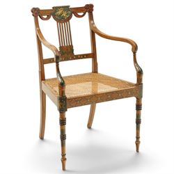 Late 19th century Adam Revival painted and parcel-ebonised satinwood open armchair, the cr...