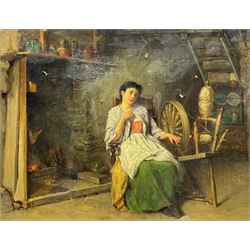English School (19th century): Girl at a Spinning Wheel, oil on canvas unsigned 33cm x 44cm (unframed)