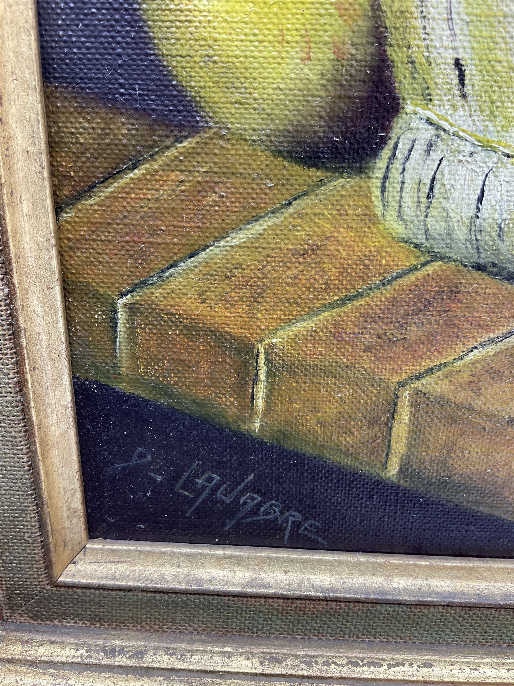 Daniel Lavabre (French 20th century): Still Life of Fruit ad Wine on Shelf, oil on canvas signed 32cm x 23cm 