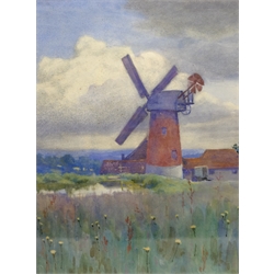 Attrib. Arthur Claude Cooke (British 1867-1951): 'Landscape with Windmill', watercolour unsigned, label verso 27cm x 20cm