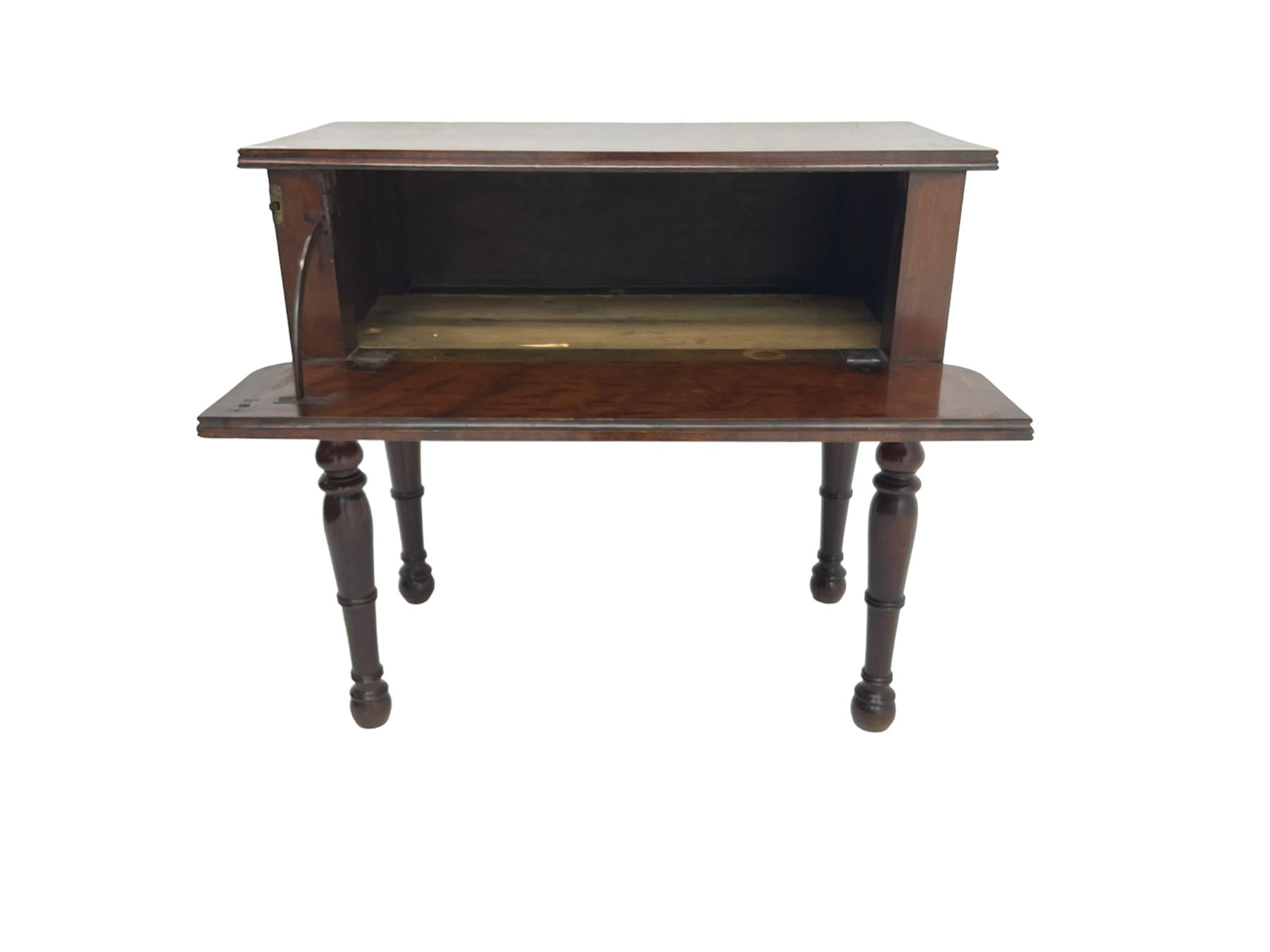19th century walnut drop leaf side table, rectangular top with reeded edge, fitted with secret compartment with button action, leaf functions as hinged door enclosing cupboard, raised on turned supports