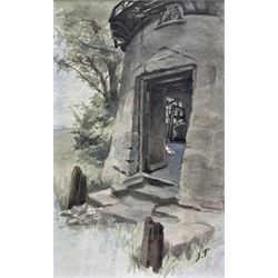 Isabella 'Isa' Jobling (nee Thompson) (Staithes Group 1851-1926): 'The Miller's Daughter' - Outside the Mill, watercolour signed with initials, titled on gallery label verso 16.5cm x 10cm 
Provenance: exh. the Dean Gallery, Newcastle, January 1989, label verso 
Notes: one of three illustrations Isa painted for the Alfred Tennyson poem of the same titled. Painted after her marriage to Robert Jobling in 1893.