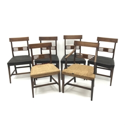 Set six (5+1) 19th century inlaid mahogany dining chairs, pierced splat, square tapering supports, W58cm 