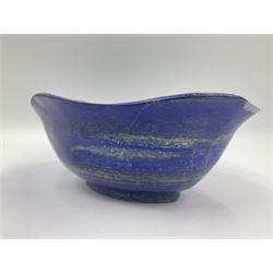 Carved bowl, flat-bottomed bowl carved from a single piece of Lapis lazuli with flared rim, H8cm, L21cm