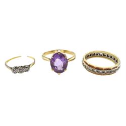 Gold amethyst ring and a gold stone set eternity ring, both hallmarked 9ct, cameo ring, stamped 9ct sil, 17ct gold diamond chip ringand collection of stone set silver jewellery and gilt jewellery