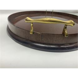Edwardian mahogany oval tray, with inlaid central shell motif, gilded brass side handles and a glass cover, L60cm