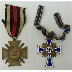 WWl German Merit Cross with swords, & German Mothers Cross, inscribed verso, 16 Dezember 1938, with ribbons (2)  