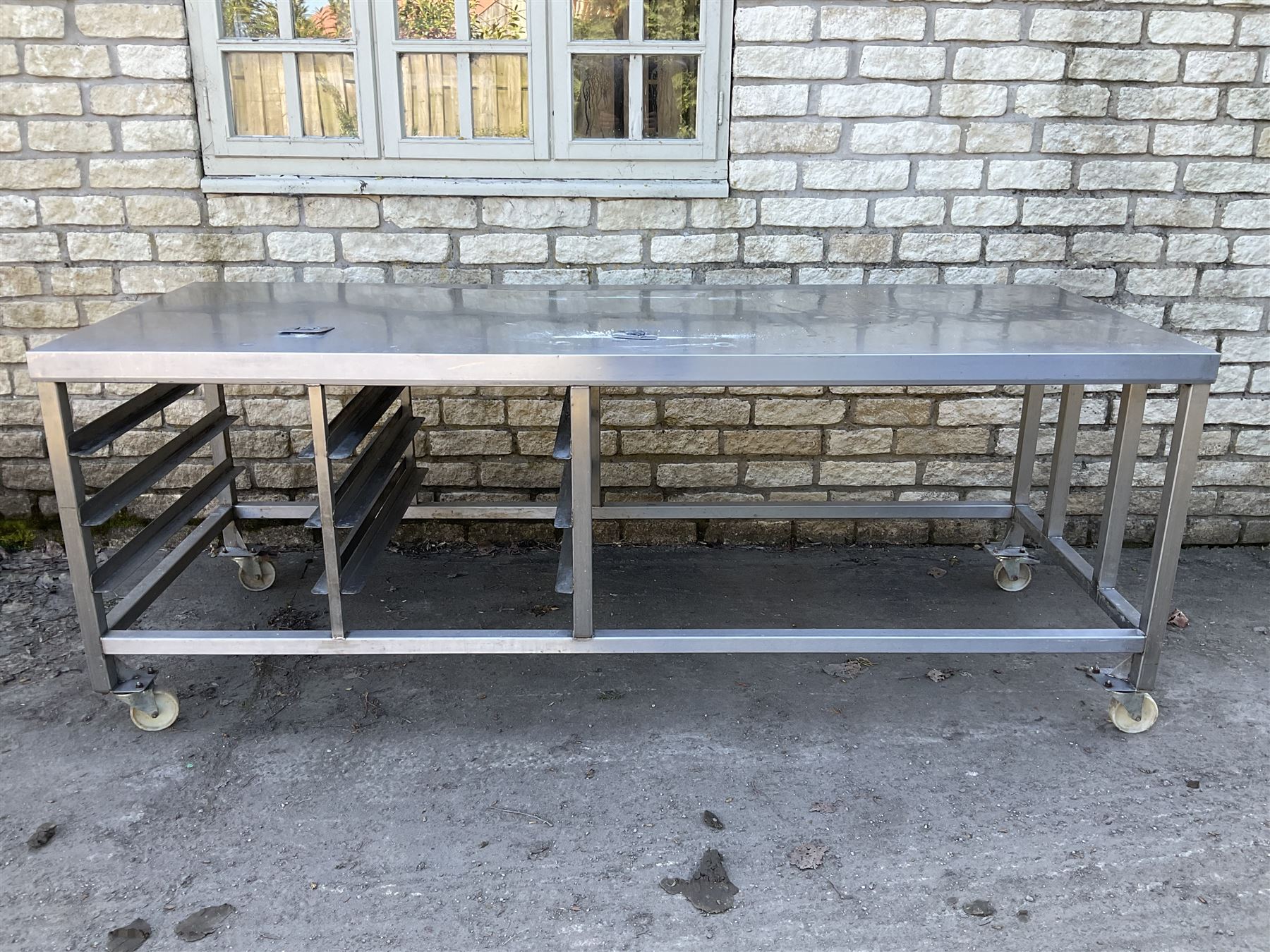 Large stainless steel preparation table trolley, with tray rack - THIS LOT IS TO BE COLLECTED BY APPOINTMENT FROM DUGGLEBY STORAGE, GREAT HILL, EASTFIELD, SCARBOROUGH, YO11 3TX