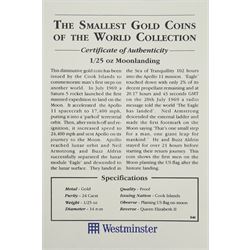 Queen Elizabeth II Cook Islands 1995 fine gold 1/25 ounce 'Moonlanding' coin from 'The Smallest Gold Coins of the World Collection', with certificate