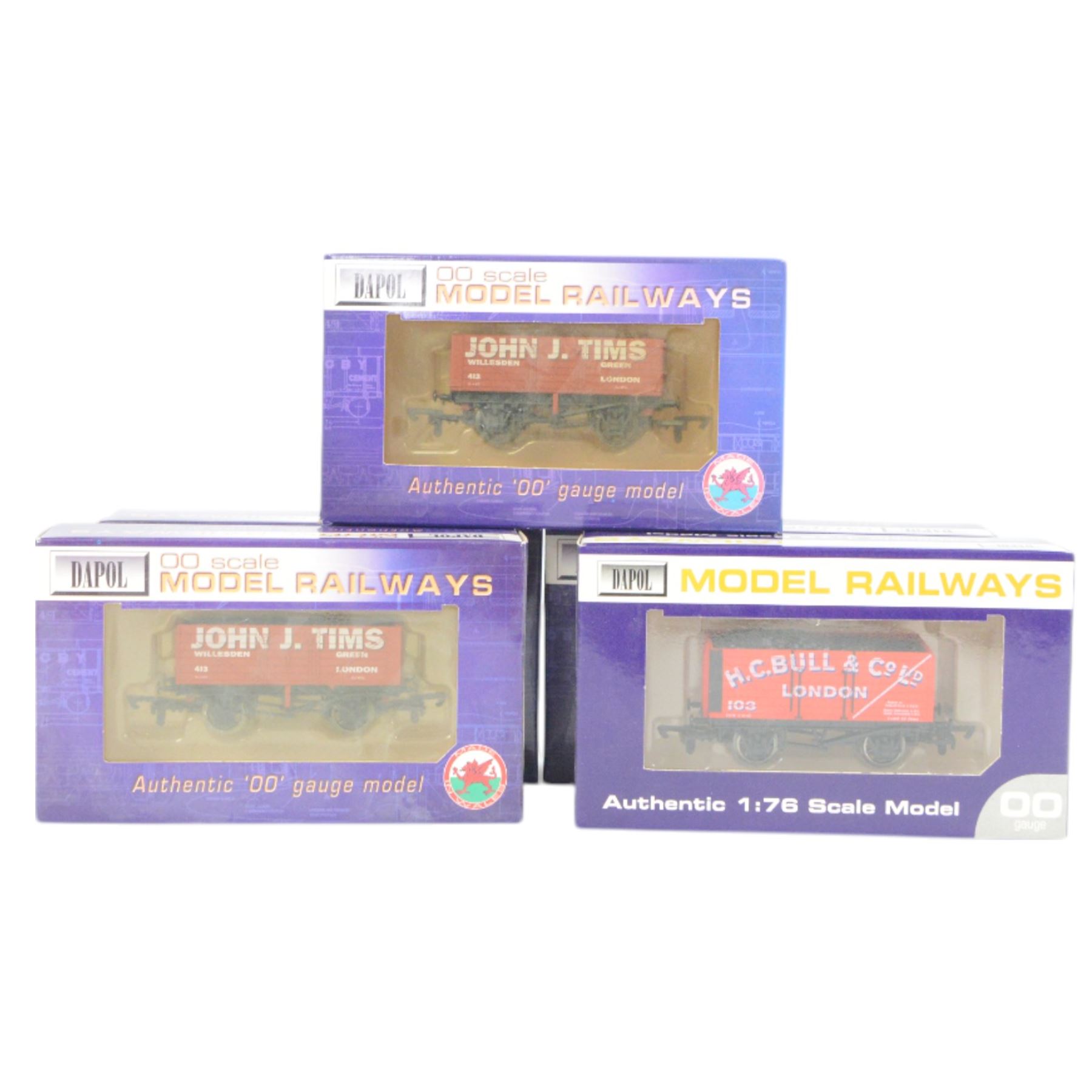 Twenty Dapol 00 gauge wagons, including B371 7 Plank Wagons 'John Timms' and four 8 Plank Wagons 'HC Bull & Co Ltd', all boxed