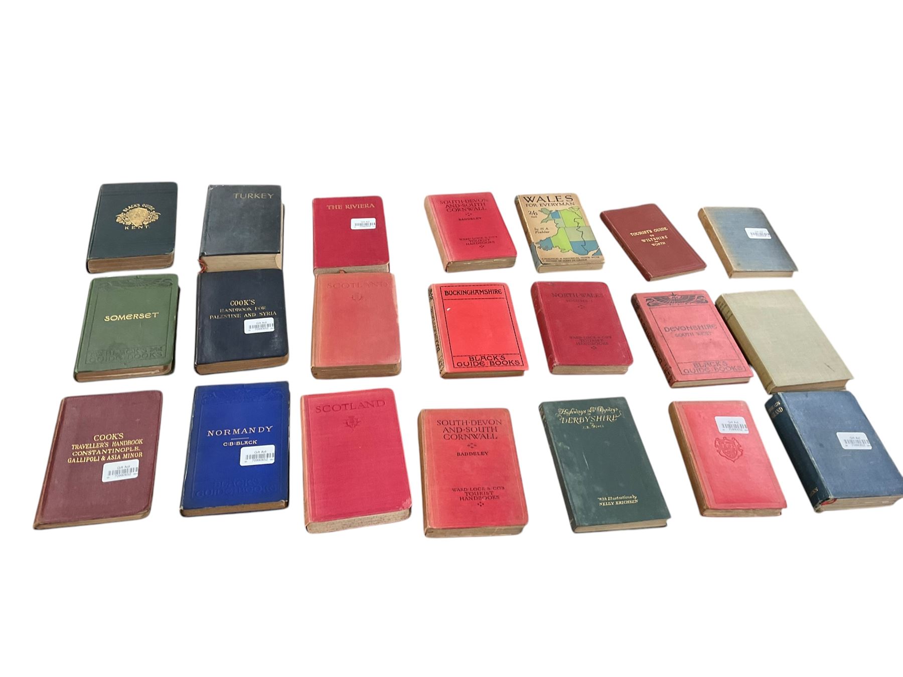 Collection of late 19th and early 20th century travel books, including Cook's Handbook for Palestine and Syria (1911), Cook's Traveller's Handbook Constantinople, Gallipoli & Asia Minor (1923), three Black's Guide Books, Somerset (1899), Normandy (1913), and Kent (18930, etc
