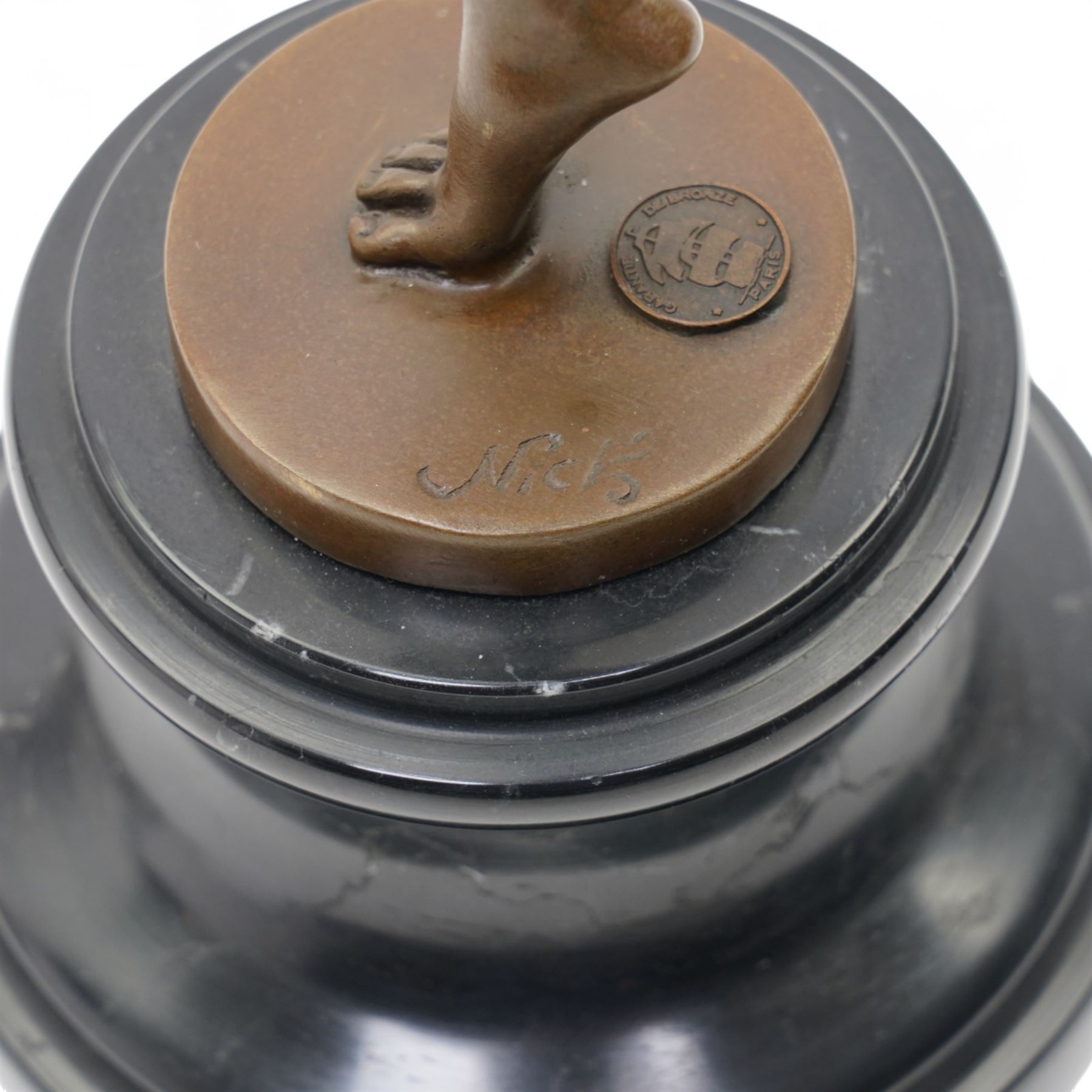 Art deco style bronze figure of a dancer, on socle base, with foundry mark, H39cm