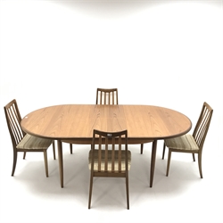  G-Plan teak extending dining table, turned tapering supports (W209cm, H73cm, D112cm) and set four slat back chairs, upholstered seat, square tapering supports (W50cm)  