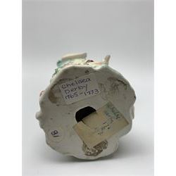 Mid 18th century Derby porcelain figure modelled as Dianna the Huntress, with quiver of arrows upon her back and dog by her side, upon a naturalistically modelled base, with patch marks beneath and collectors labels, H26cm