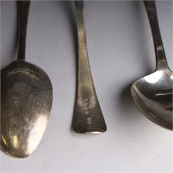 Ten Georgian and later silver table and dessert spoons, including pair of George III Old English pattern examples, engraved with fish to terminal, hallmarked London 1791, maker's mark ID and a pair of George III Old English pattern table spoons with engraved bird to terminal, George Smith (III) & William Fearn, London 1786