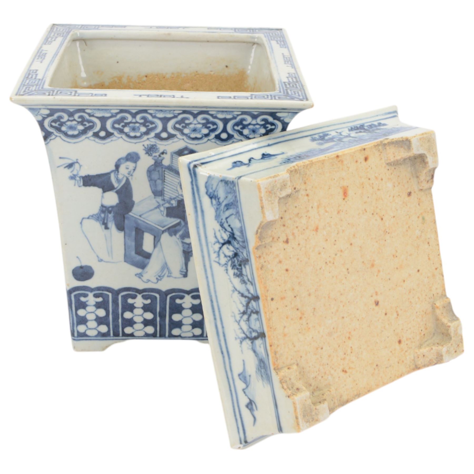 19th century Chinese blue and white planter and stand, each of square slightly tapering and flared form, the planter decorated with figures and precious objects between stylised foliate borders, the stand decorated with landscapes beneath a lipped rim with cell band, planter H28cm D25.5cm, stand H7cm D26cm