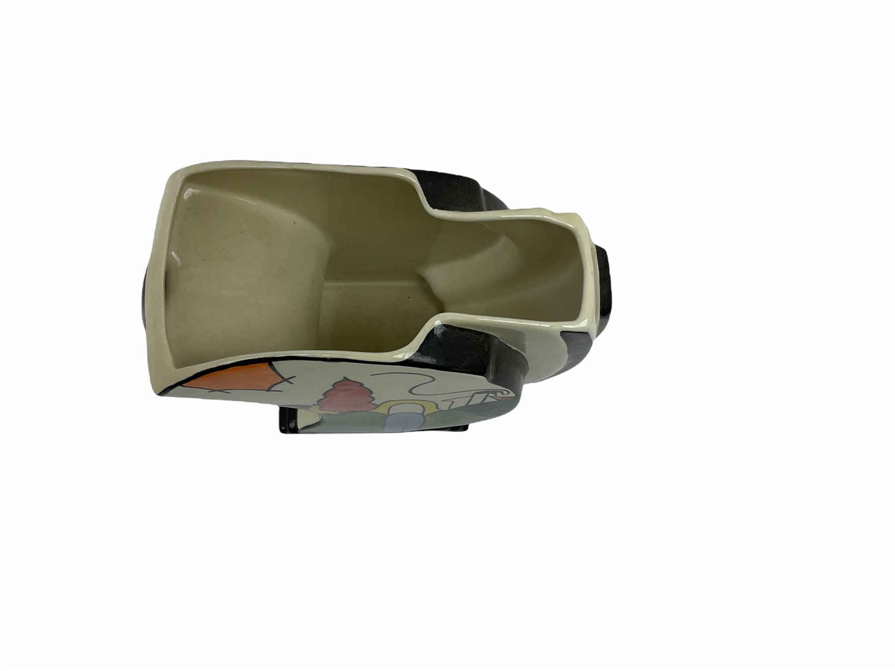 Lorna Bailey Old Ellgreave Pottery, comprising teapot in beach design, circular jar in house and path design, shell jug in Bridge and stream design, squat jug in Pagoda design and plate decorated with an Art Deco woman, all with printed and painted marks. 