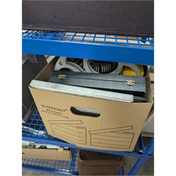 Collection of projectors, including Transpaque Junior overhead projector, Demo Comm 1 overhead projector, Bolex 18-9 Duo, Bolex 18-5, Pathescope Kid, Kodascope Model C, collection of video tapes and film reels, empty projector box, Kinay 816 editor, etc