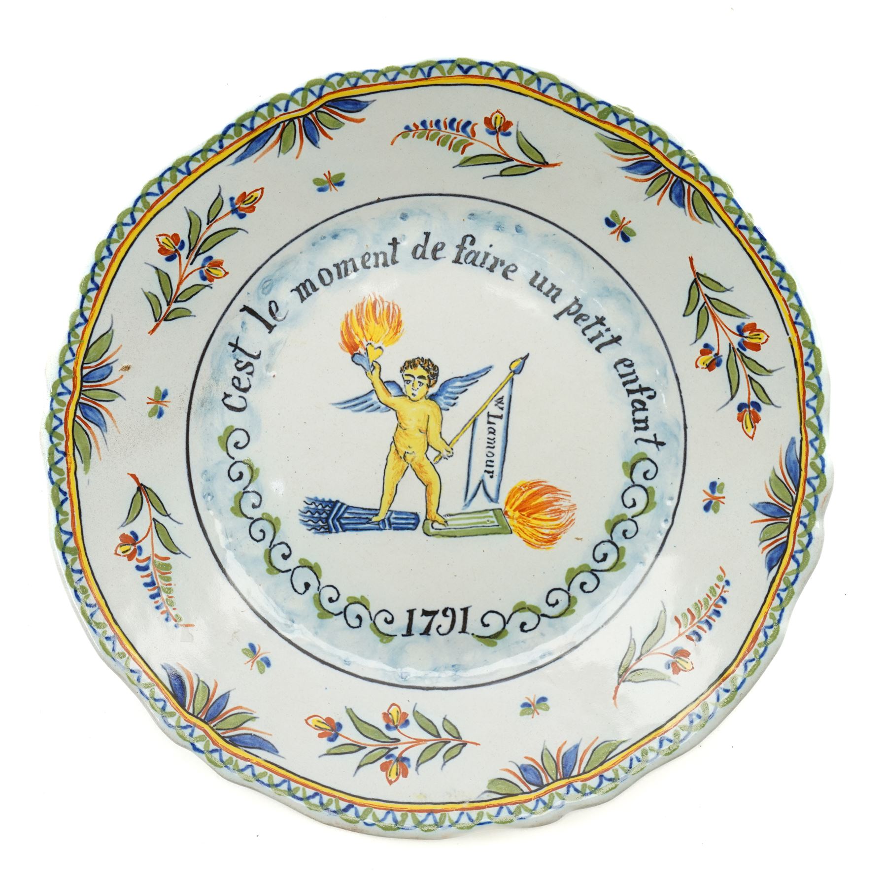 Set of four French Nevers style revolutionary faience plates, the first painted with a portrait of 'Evêque de Meaux' or the Bishop of Meaux,  another decorated with a putto holding a flaming torch and a flag inscribed 'W Lamour' beneath a slogan 'Cest le moment de faire un petit enfant' or 'Now is the time to make a child', another decorated with 'Vive les bons citoyens' or 'Long live the good citizens' within foliage, and another with a portrait of an officer, probably Napoleon, with the phrase 'Vive la Nation' or 'Long live the Nation', each bearing dates, with indistinct blue monogram to bases, D24cm (4)