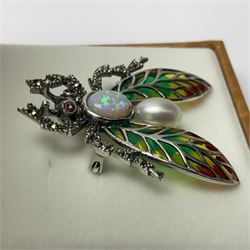 Silver plique-a-jour, marcasite, opal and pearl bug brooch, stamped 925, boxed