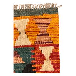 Afghan Maimana Kilim flatweave runner, handwoven with a teal ground featuring a bold multicoloured diamond-lattice design, enclosed by stylised border motifs, finished with fringed edge