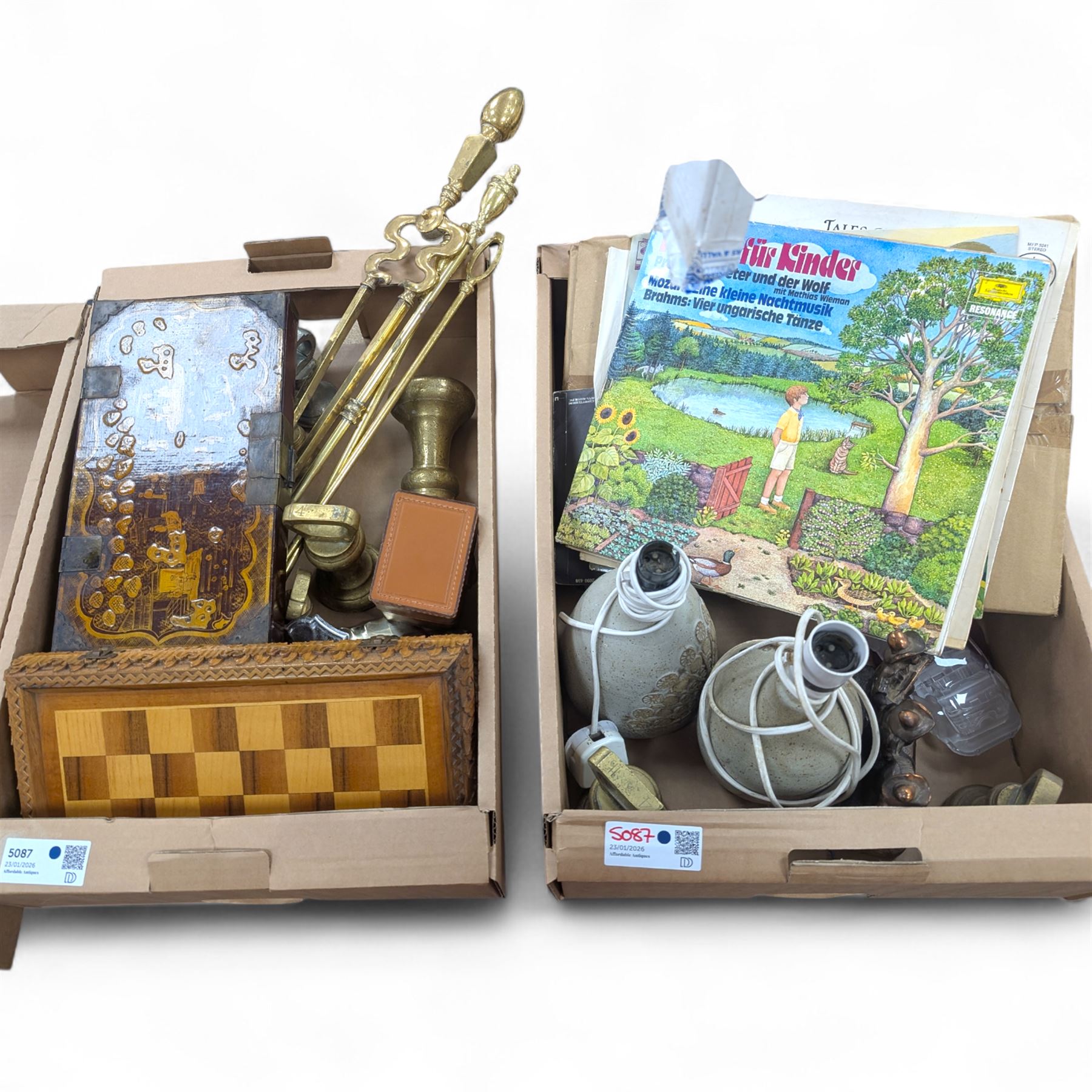 Collection of metalware, including brass weights, fireside tools, sauce boat, etc, together with a chess set, records, two studio pottery lamps etc