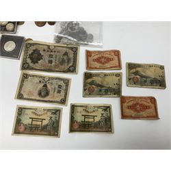 World coins and banknotes, including Great British pre 1920 and pre 1947 silver threepence pieces, pre-decimal pennies and other denominations, George IV 1826 penny, United States of America 1855 one dime, eight Kennedy half dollars dated 1964, 1965, 1966, 1968, two 1971 and two 1972, five coin set each dated 1964 in plastic holder, Japanese banknotes etc