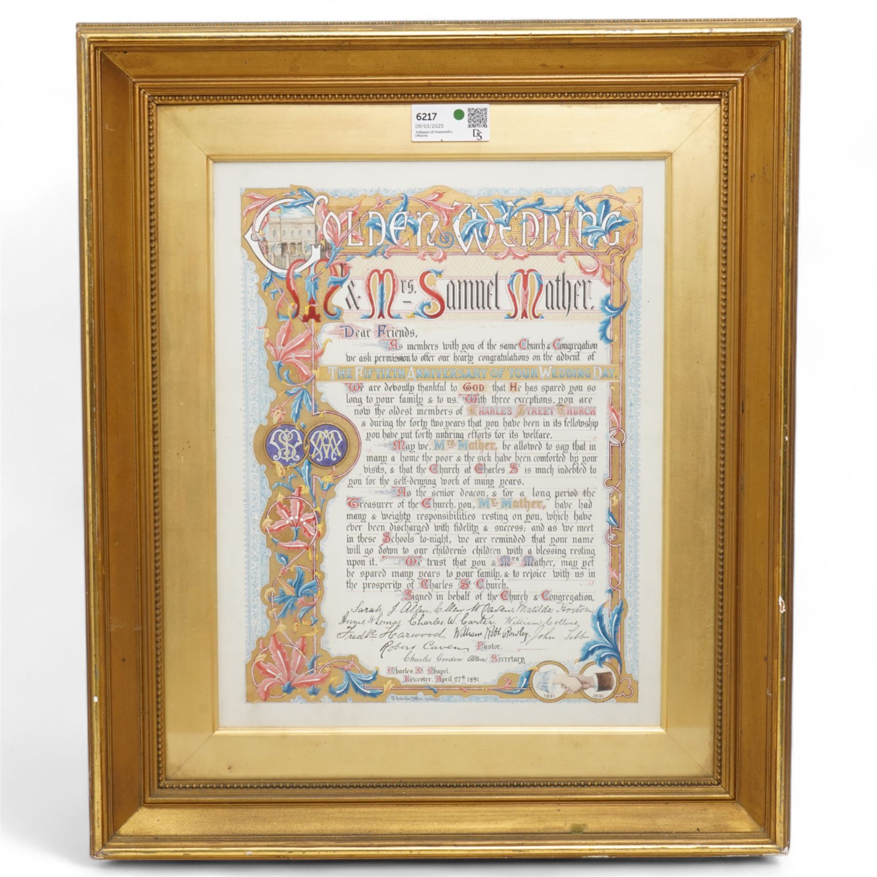 G Spawton Callow (British 19th Century); hand-written illuminated Golden Wedding Anniversary manuscript, from the Charles Street Chapel, Leicester, illuminated in gilt and decorated with a border of foliage, signed; together with a wooden fretwork panel of the Lord's Prayer and a preaching plan for The Wesleyan Methodist Preachers in the Whitby Circuit, max 69cm x 59cm (3)
