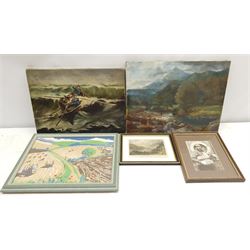 After Winslow Homer, 20th century oil on canvas unsigned, landscape oil on canvas, Sutcliffe print, engraving of Snowdon, needlework and two prints (7)